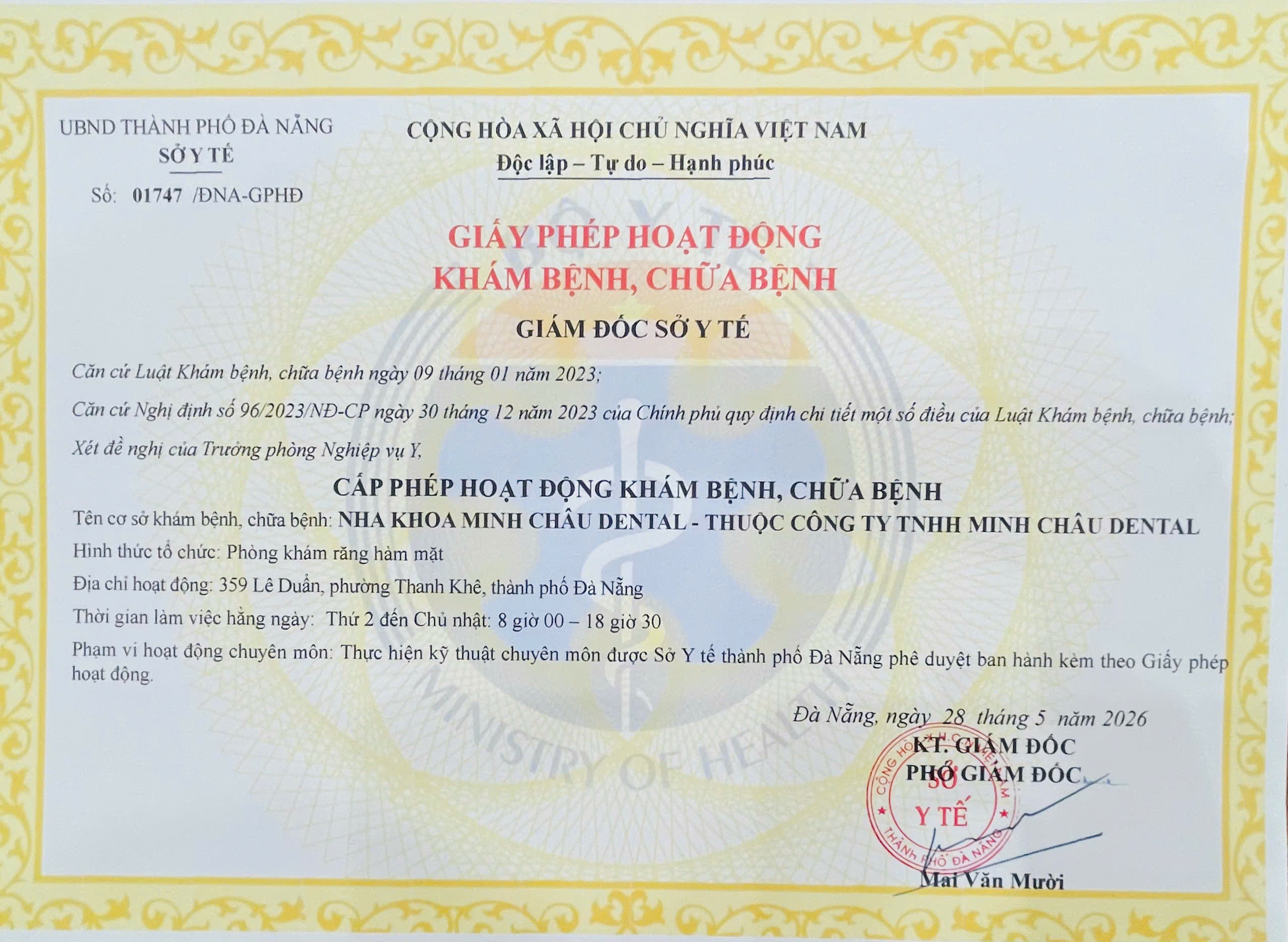 Giấy phép hoạt động Minh Châu Dental Clinic